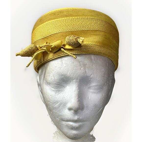 VTG 1950s Golden Straw Pillbox Hat with Ribbon Trim Fishmans Dept Store w/ Box - Picture 2 of 13